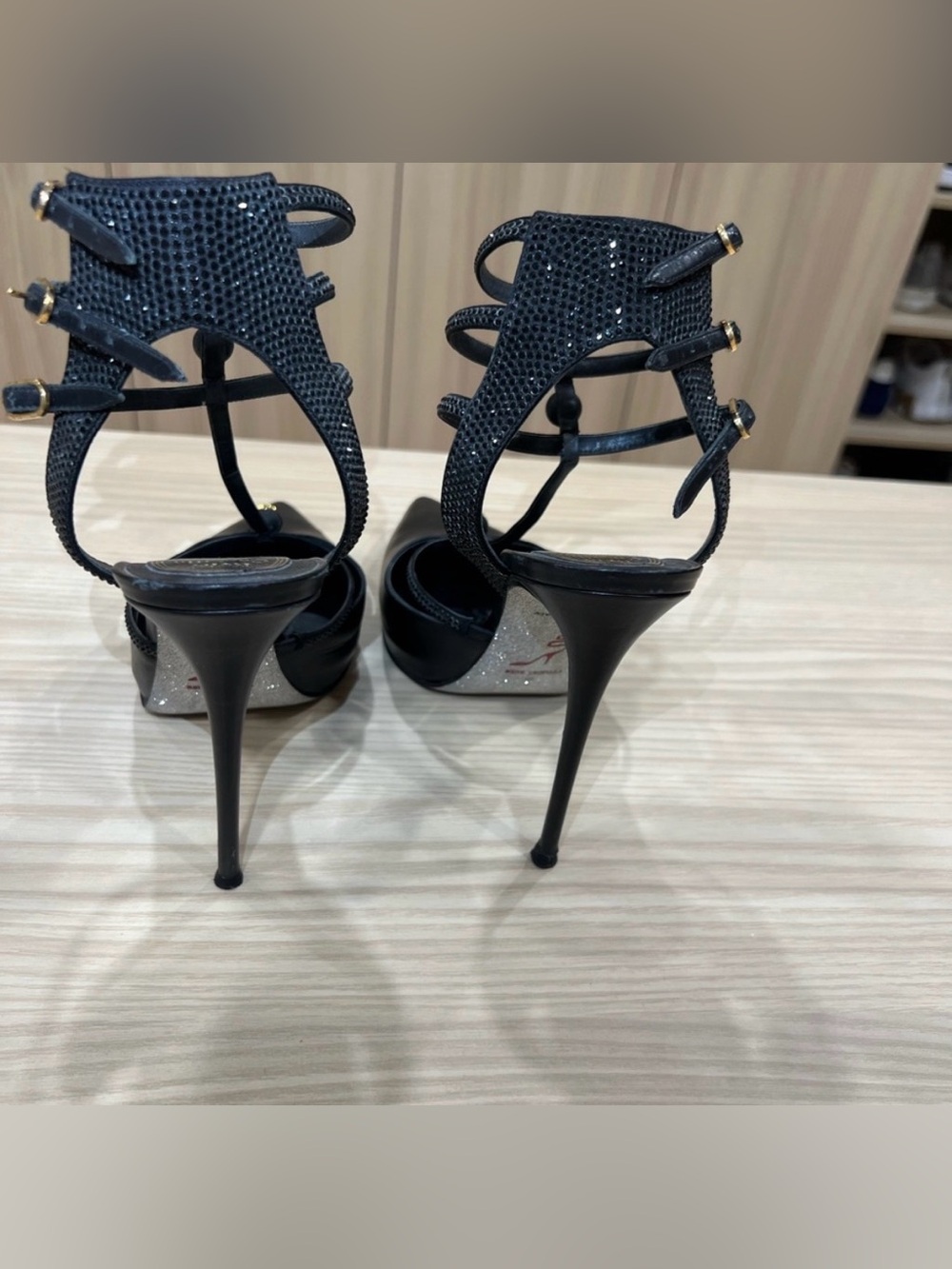 Rene Caovilla Black Crystal-Strap Pointed Stiletto Heels - Picture 2 of 4